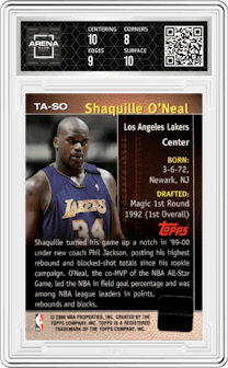 Shaquille O'Neal from the 2000-01 Topps  set graded by Arena Club and given an overall grade of 8.5.