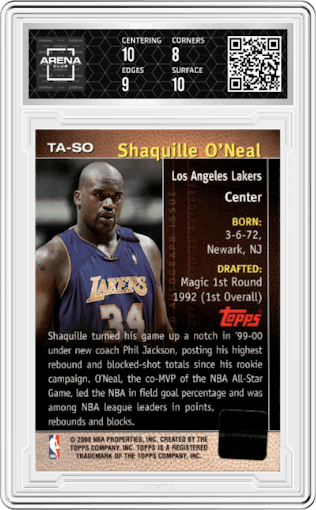 Shaquille O'Neal from the 2000-01 Topps  set graded by Arena Club and given an overall grade of 8.5.