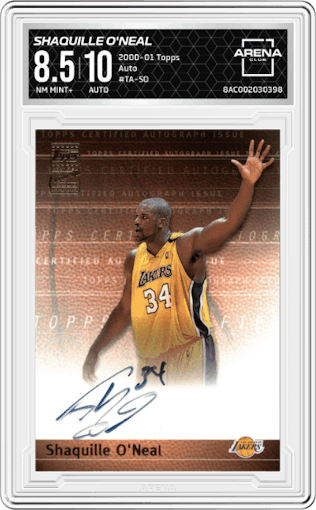 Shaquille O'Neal from the 2000-01 Topps  set graded by Arena Club and given an overall grade of 8.5.