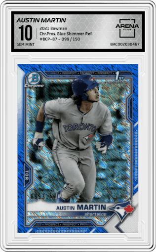 Austin Martin from the 2021 Bowman set featuring a Blue Shimmer Refractor parallel graded by Arena Club and given an overall grade of 10.