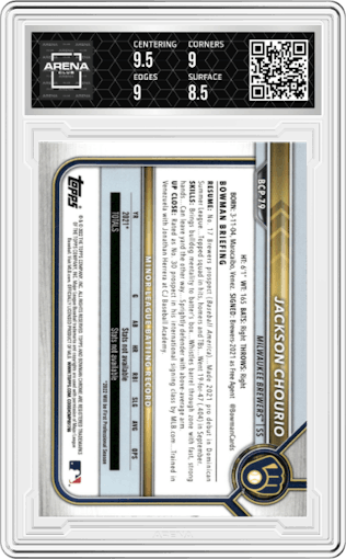 Jackson Chourio from the 2022 Bowman set graded by Arena Club and given an overall grade of 9.