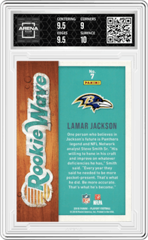 Lamar Jackson from the 2018 Panini Playoff set graded by Arena Club and given an overall grade of 9.5.