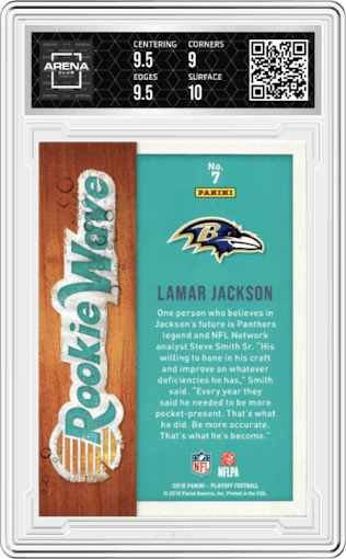 Lamar Jackson from the 2018 Panini Playoff set graded by Arena Club and given an overall grade of 9.5.