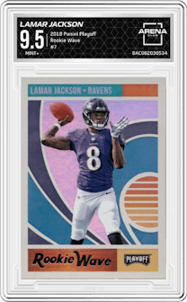Lamar Jackson from the 2018 Panini Playoff set graded by Arena Club and given an overall grade of 9.5.