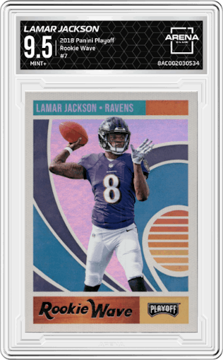 Lamar Jackson from the 2018 Panini Playoff set graded by Arena Club and given an overall grade of 9.5.