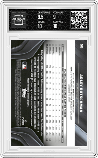 Adley Rutschman from the 2023 Topps Chrome Black set graded by Arena Club and given an overall grade of 9.5.