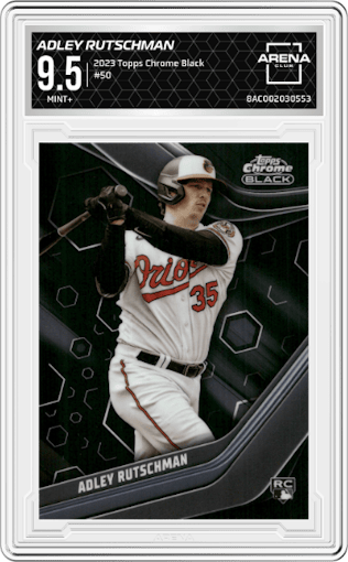 Adley Rutschman from the 2023 Topps Chrome Black set graded by Arena Club and given an overall grade of 9.5.