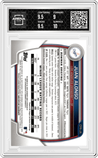 Juan Alonso from the 2023 Bowman  set featuring a Green Refractor parallel graded by Arena Club and given an overall grade of 9.5.