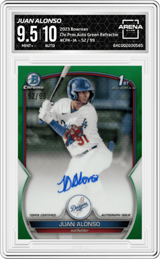 Juan Alonso from the 2023 Bowman  set featuring a Green Refractor parallel graded by Arena Club and given an overall grade of 9.5.