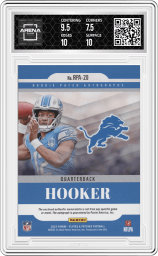Hendon Hooker from the 2023 Panini Plates & Patches set featuring a  Purple  parallel graded by Arena Club and given an overall grade of 8.