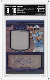 Hendon Hooker from the 2023 Panini Plates & Patches set featuring a  Purple  parallel graded by Arena Club and given an overall grade of 8.