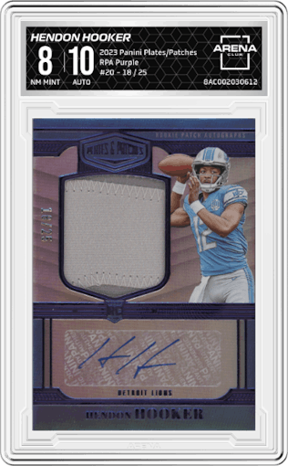 Hendon Hooker from the 2023 Panini Plates & Patches set featuring a  Purple  parallel graded by Arena Club and given an overall grade of 8.