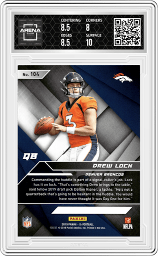 Drew Lock from the 2019 Panini XR set featuring a Purple parallel graded by Arena Club and given an overall grade of 8.5.