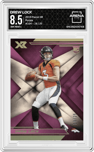Drew Lock from the 2019 Panini XR set featuring a Purple parallel graded by Arena Club and given an overall grade of 8.5.