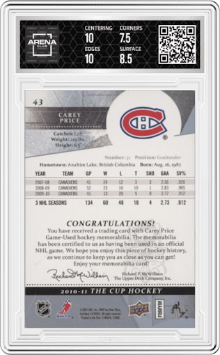 Carey Price from the 2010-11 The Cup Hockey set graded by Arena Club and given an overall grade of 8.