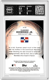 Vladimir Guerrero Jr. from the 2022 Bowman’s Best   set graded by Arena Club and given an overall grade of 9.5.
