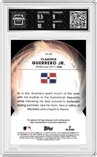 Vladimir Guerrero Jr. from the 2022 Bowman’s Best   set graded by Arena Club and given an overall grade of 9.5.