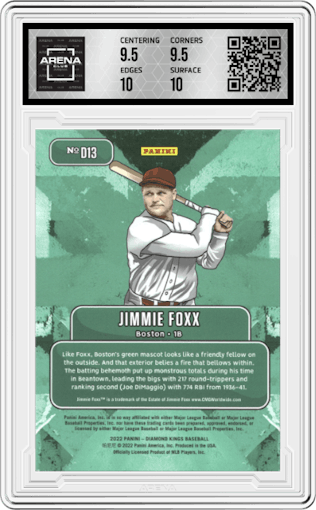 Jimmie Foxx from the 2022 Panini Diamond Kings set graded by Arena Club and given an overall grade of 10.