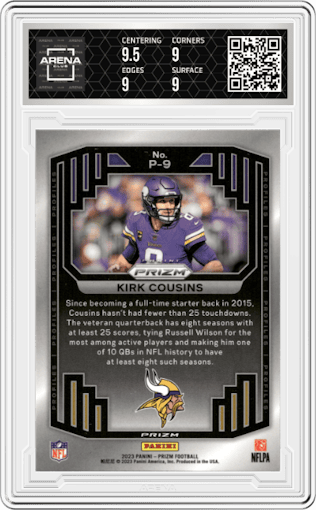 Kirk Cousins from the 2023 Panini Prizm set graded by Arena Club and given an overall grade of 9.
