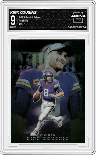 Kirk Cousins from the 2023 Panini Prizm set graded by Arena Club and given an overall grade of 9.