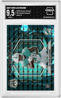 De'Von Achane from the 2023 Panini Mosaic set featuring a Genesis parallel graded by Arena Club and given an overall grade of 9.5.