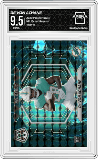De'Von Achane from the 2023 Panini Mosaic set featuring a Genesis parallel graded by Arena Club and given an overall grade of 9.5.