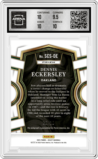 Dennis Eckersley from the 2023 Panini Select set featuring a Tri-Color parallel graded by Arena Club and given an overall grade of 10.