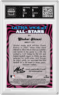 Shohei Ohtani from the 2023 Topps Chrome set graded by Arena Club and given an overall grade of 9.5.
