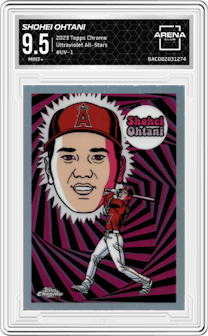 Shohei Ohtani from the 2023 Topps Chrome set graded by Arena Club and given an overall grade of 9.5.