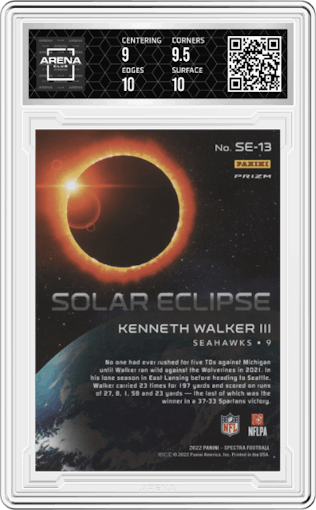 Kenneth Walker III from the 2022 Panini Spectra set graded by Arena Club and given an overall grade of 9.5.