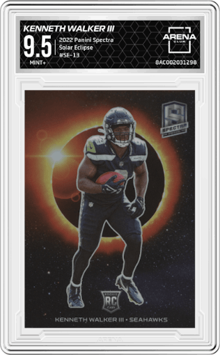 Kenneth Walker III from the 2022 Panini Spectra set graded by Arena Club and given an overall grade of 9.5.