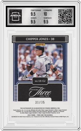 Chipper Jones from the 2022 Panini Three & Two set graded by Arena Club and given an overall grade of 10.