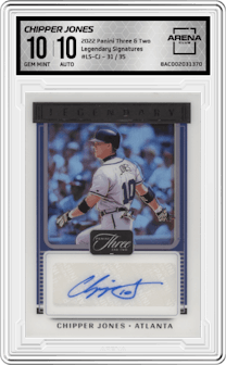 Chipper Jones from the 2022 Panini Three & Two set graded by Arena Club and given an overall grade of 10.