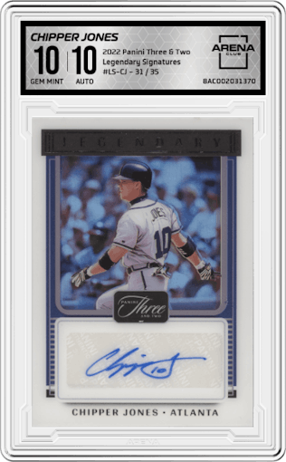 Chipper Jones from the 2022 Panini Three & Two set graded by Arena Club and given an overall grade of 10.