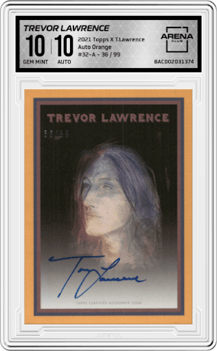 Trevor Lawrence from the 2021 Topps X Trevor Lawrence set featuring a Orange parallel graded by Arena Club and given an overall grade of 10.