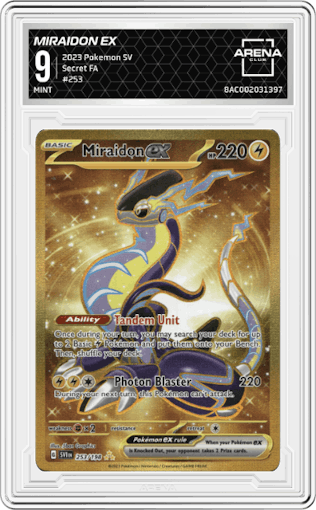 Miraidon EX from the 2023 Pokemon SV set graded by Arena Club and given an overall grade of 9.