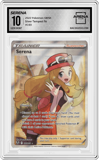 Serena from the 2022 Pokemon SWSH set graded by Arena Club and given an overall grade of 10.