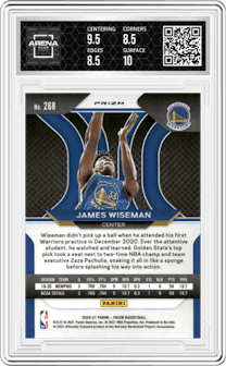 James Wiseman from the 2020-21 Panini Prizm set featuring a Choice Tiger Stripe parallel graded by Arena Club and given an overall grade of 9.