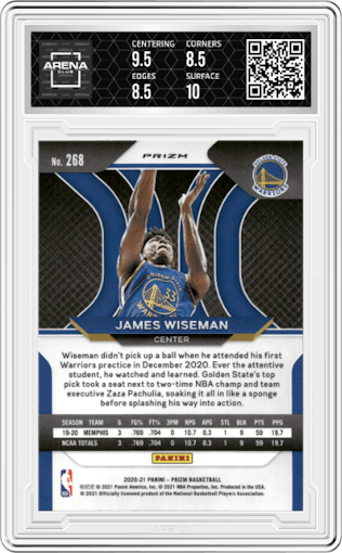 James Wiseman from the 2020-21 Panini Prizm set featuring a Choice Tiger Stripe parallel graded by Arena Club and given an overall grade of 9.