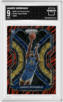 James Wiseman from the 2020-21 Panini Prizm set featuring a Choice Tiger Stripe parallel graded by Arena Club and given an overall grade of 9.