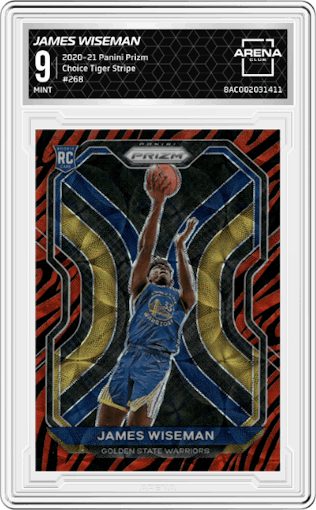 James Wiseman from the 2020-21 Panini Prizm set featuring a Choice Tiger Stripe parallel graded by Arena Club and given an overall grade of 9.