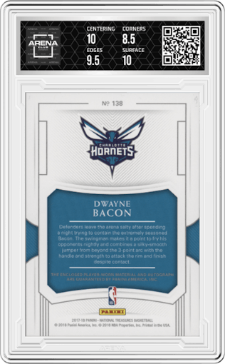 Dwayne Bacon from the 2017-18 Panini National Treasures Basketball set graded by Arena Club and given an overall grade of 9.