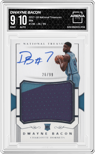 Dwayne Bacon from the 2017-18 Panini National Treasures Basketball set graded by Arena Club and given an overall grade of 9.