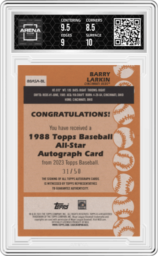 Barry Larkin from the 2023 Topps Update set featuring a Black  parallel graded by Arena Club and given an overall grade of 9.
