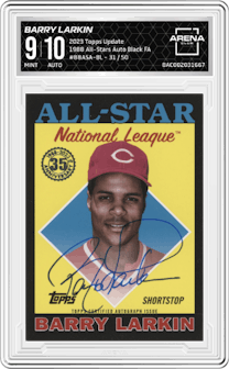 Barry Larkin from the 2023 Topps Update set featuring a Black  parallel graded by Arena Club and given an overall grade of 9.