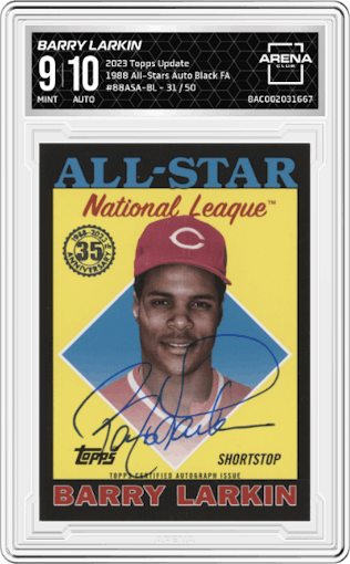Barry Larkin from the 2023 Topps Update set featuring a Black  parallel graded by Arena Club and given an overall grade of 9.
