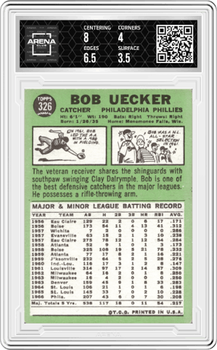 Bob Uecker from the 1967 Topps set graded by Arena Club and given an overall grade of 4.