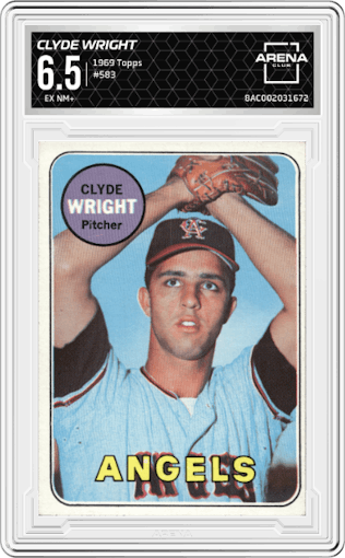 Clyde Wright from the 1969 Topps set graded by Arena Club and given an overall grade of 6.5.