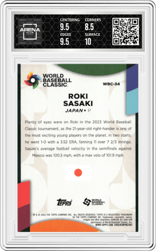 Roki Sasaki from the 2023 Topps Series 2 set graded by Arena Club and given an overall grade of 9.