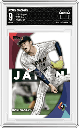 Roki Sasaki from the 2023 Topps Series 2 set graded by Arena Club and given an overall grade of 9.